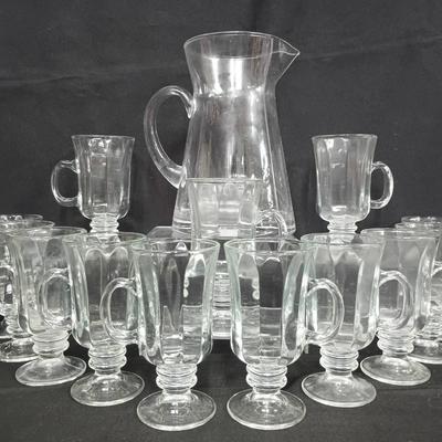 Vintage Clear Glass Pitcher & Irish Coffee Mugs – Complete Entertaining Set