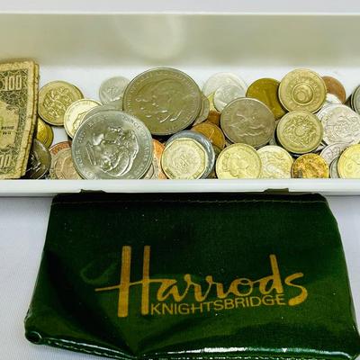 Vintage Harrods Knightsbridge Coin Purse & Foreign Coins