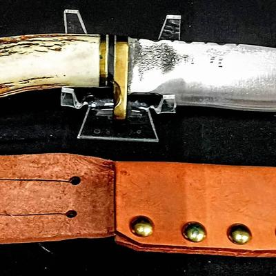 Vintage Santa Fe Webster Hunting Knife w/ Stag Handle & Leather Sheath
