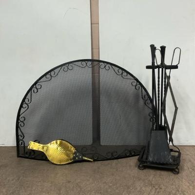 Black Metal Decorative Fireplace Screen, Tools, & Brass Bellow