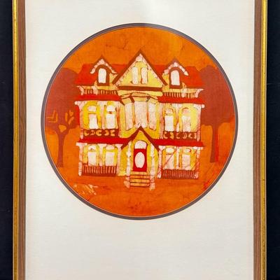 Orange & Autumn Colored Victorian House, Batik Framed Artwork! 