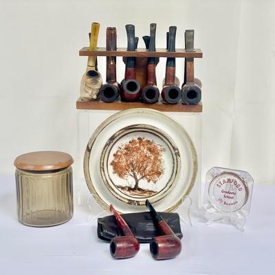 Vintage Collection Of Tobacco Pipes, Ashtrays And Tobacco Satchel