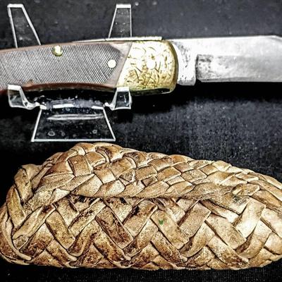 Vintage Schrade USA Old Timer 7OT Lockback Folding Knife with Braided Leather Sheath
