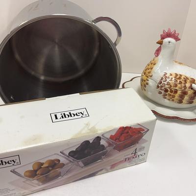 Libbey 4 Piece Serving Set | Ceramic Hen Covered Dish | Deviled Egg Platter | Meijer Pot