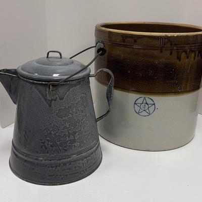 Vintage Large Gray Graniteware Enamel Cowboy Coffee Pot | XL Stoneware Crock