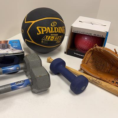 Basketball | Baseball Bat & Glove | 5 lb. Ankle Weights | 6 lb. Medicine Ball | 15 lb. Dumbbells