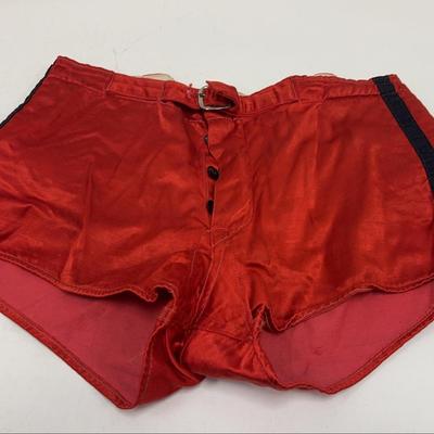 Vintage Men’s Satin Boxing Trunks | Size 32 | Striped | Belted | Red/Black | Made in the USA