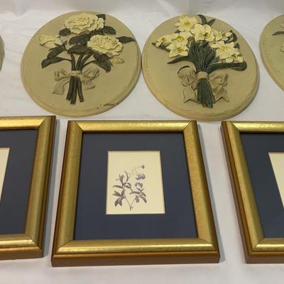 Vintage oval-shaped resin wall plaque featuring a raised floral design | Floral Set Of 6 Pictures 