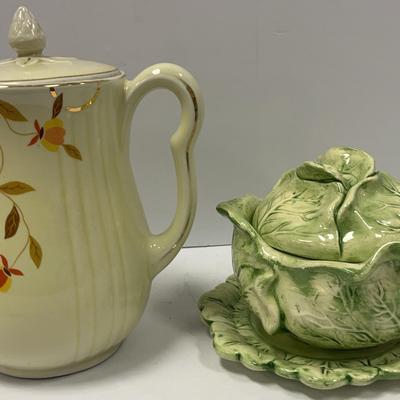 Holland Mold Cabbage Bowl | Rayed Coffee Pot with Lid in the Autumn Leaf pattern, Tier Dessert Tray 