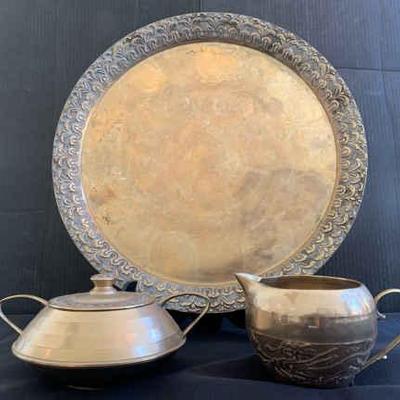 Cw139 brass cream and sugar with platter