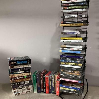VHS Tapes (some unopened) and DVD's w/ Metal Storage Rack