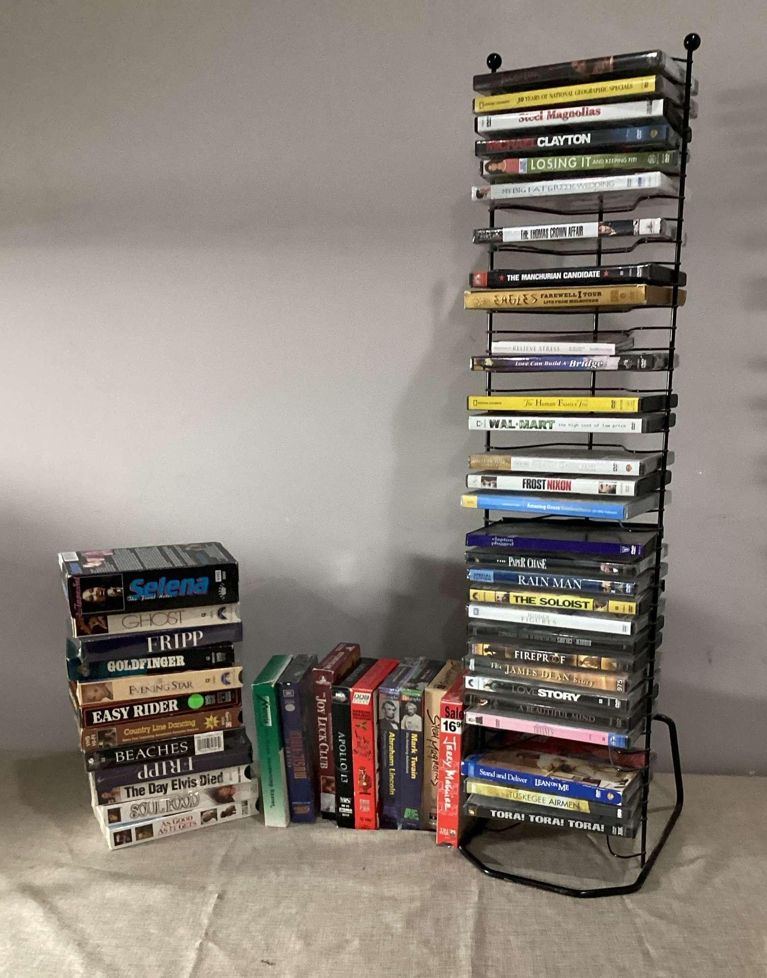 VHS Tapes (some unopened) and DVD's w/ Metal Storage Rack