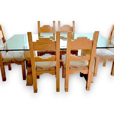 Southwestern Style Oak & Glass Dining Set with 6 Chairs