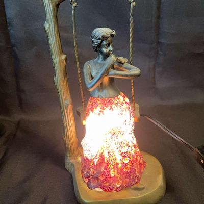 Metal Blown Glass Lighted Girl On A Swing 