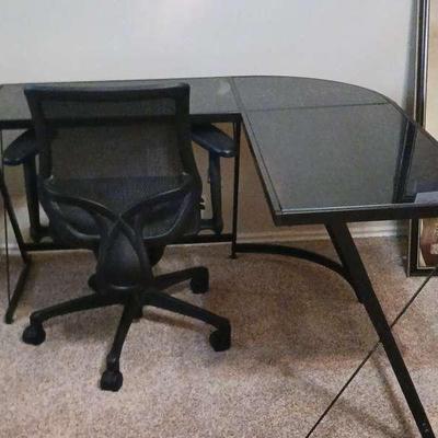 L Shape Glass and Metal Desk with Chair