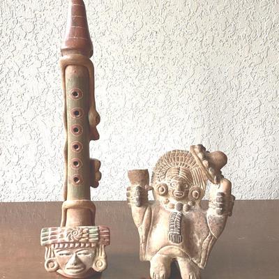 Aztec Maya Terracotta Clay Figure Statue & Flute 