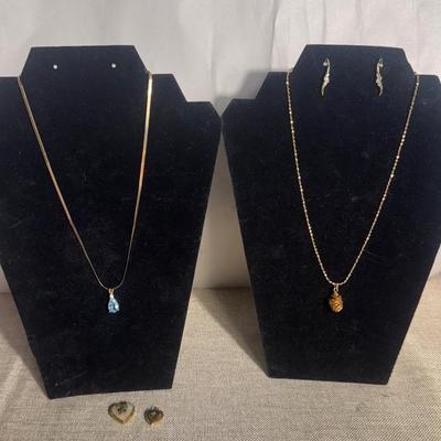 14k Gold Chain, Heart And Locket Pendant, Earrings, And Pinecone Necklace 