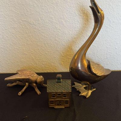 Brass Goose, Brass Fly and Antique Cast Iron Bank