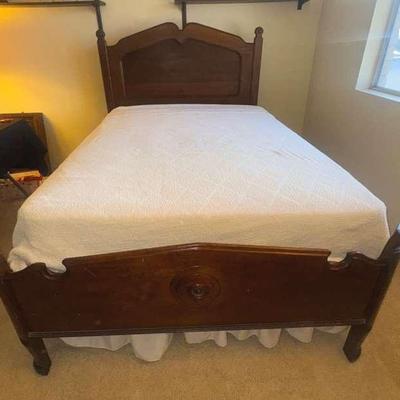 Vintage Wooden Full-Size Bed Frame and Mattress