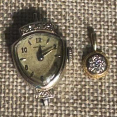 Diamond 14k Gold Pendant, And 10kGF Watch Face With Diamonds (No Watch Band or Chain)