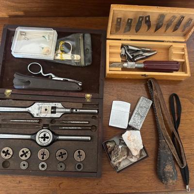 Vintage Tap And Die Set, X-Acto Knofe Set, Rocks, Lighters And More 