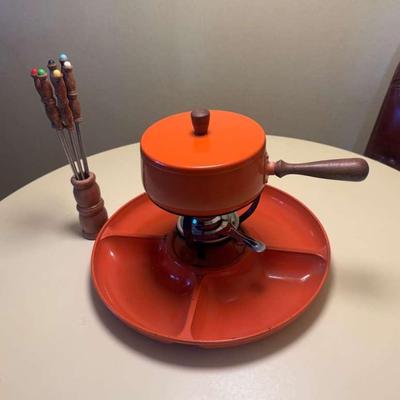 Vintage Orange Fondue Pan and Accessories