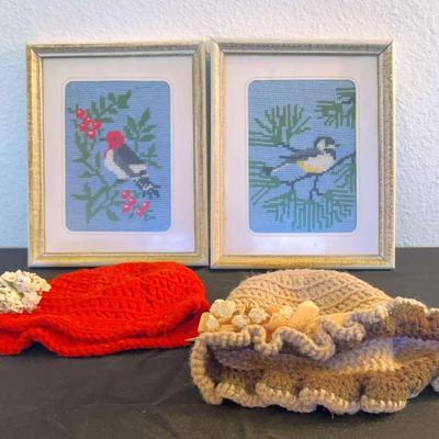 Handcrafted Bird Needlepoint Pictures And Two Crocheted Hats