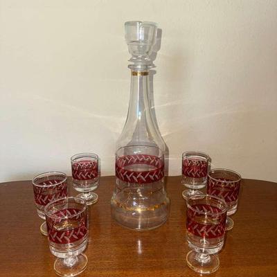 Vintage Seven Piece, Red And Gold Striped Decanter Set