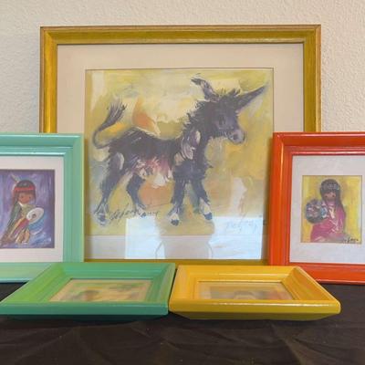 Framed Painting Dated 1974 By Degrazia Plus Four Small Framed Paintings