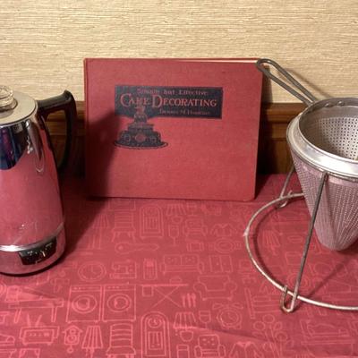 Antique Food Strainer, Vintage Electric Percolator ,1939 Cake Decorating Book by Dennis Hopkins