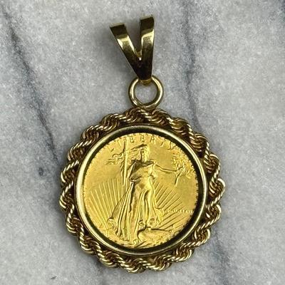14K Gold 1/10 oz Gold Eagle Coin Pendant  - 1.25" Long