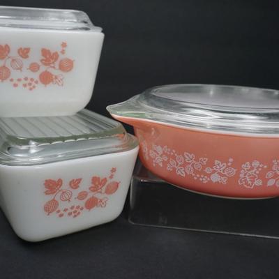 Vintage Pyrex Pink Gooseberry Refrigerator Boxes & Casserole