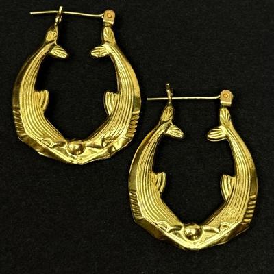  10K Gold Dolphin Hoop Earrings - 1 1/8" Long