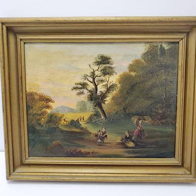 Antique Painting On Canvas - Figures In Landscape, Framed 10.5x12.5”
