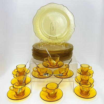 Vintage Federal “Madrid” Amber/Yellow 11” Plates Plus Teacups & Saucers