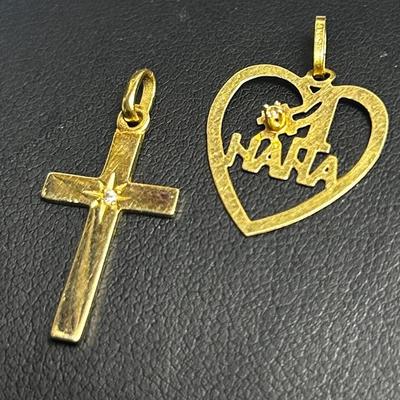 14k Gold Diamond Accent Cross & Heart Pendants (2) 