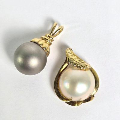 14K Gold 13.5mm Mabe Pearl & 12.5mm Gray Pearl Pendants