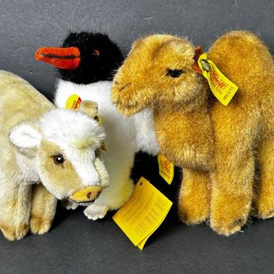 Steiff Plush Trampy Camel 6”, Peggy Penguin 5” & Resi Cow 4.5”