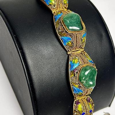 Sterling Silver & Jadeite Vintage Bracelet - 7” L