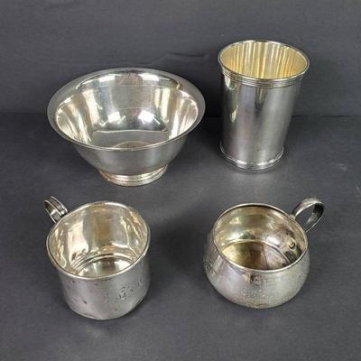 Sterling Silver Bowl 5.25” Diameter, Cups & Tumbler 4” Tall