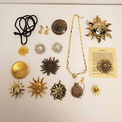 Sun Motif Costume Jewelry Brooches, Necklaces, Earrings