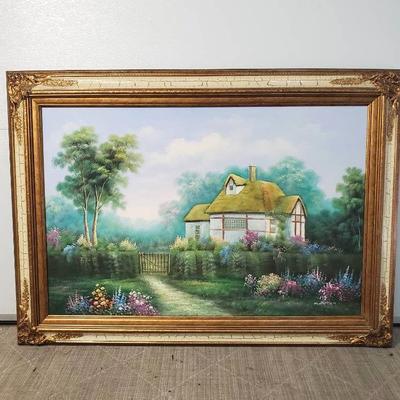 Large Vintage Art Print, Thatched Roof Cottage – Sign by Martin, 43x32", Gilded Carved Wood Frame