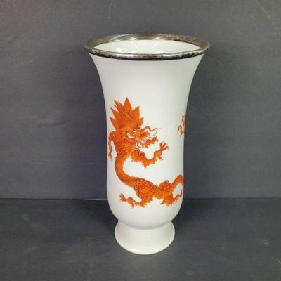 Red Dragon Porcelain Vase with Silvered Rim, Meissen-Style - 9"