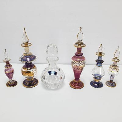 Vintage Waterford & Egyptian Gilded Glass Perfume Bottles with Stoppers – Set of 6
