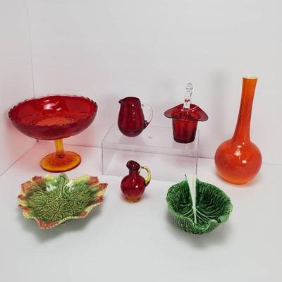 Mid Century Royal Haeger Vase 10”h, Viking Amberina Footed Bowl, Bordallo Pinheiro Leaf Dish, More