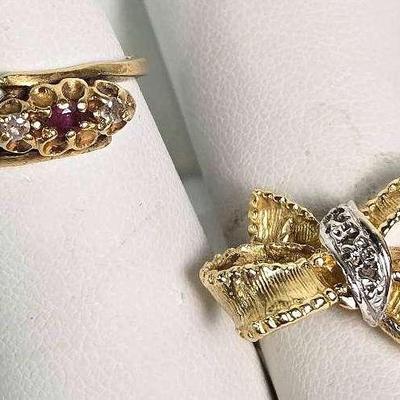 14K Gold Diamond Accented Bow & Ruby Rings -  Size 4.75