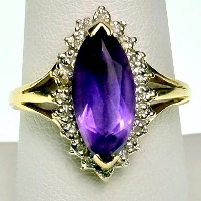 10K Gold Marquise Amethyst With Diamond Halo Ring - Size 8.5