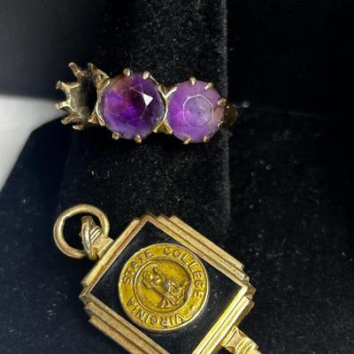 10k Gold Amethyst Ring Size 7 & VA State College Pendant 