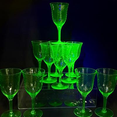 Uranium Glass Wine Goblets – Vintage 7", Set of 11