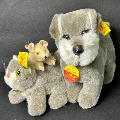 Steiff Plush Kitty Cat 4”, Cosy Lumpi Dog 7” & Pieps Mouse 3.5”